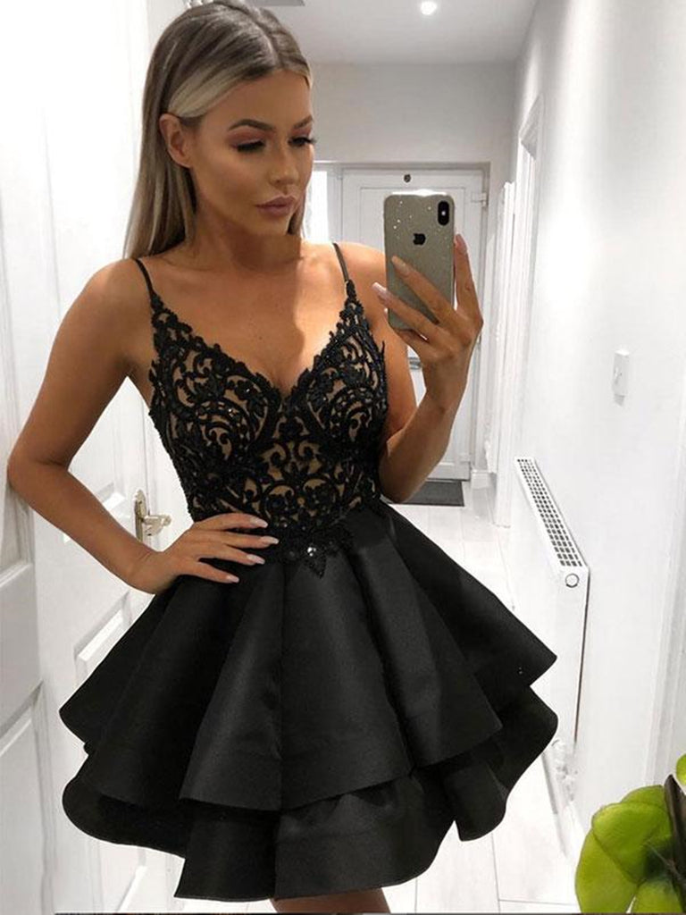 V neck black lace short prom dress ...